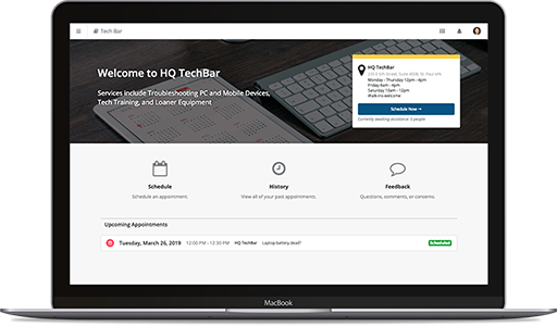 A screenshot of a homepage for a tech bar with options for scheduling, viewing history or leaving feedback.